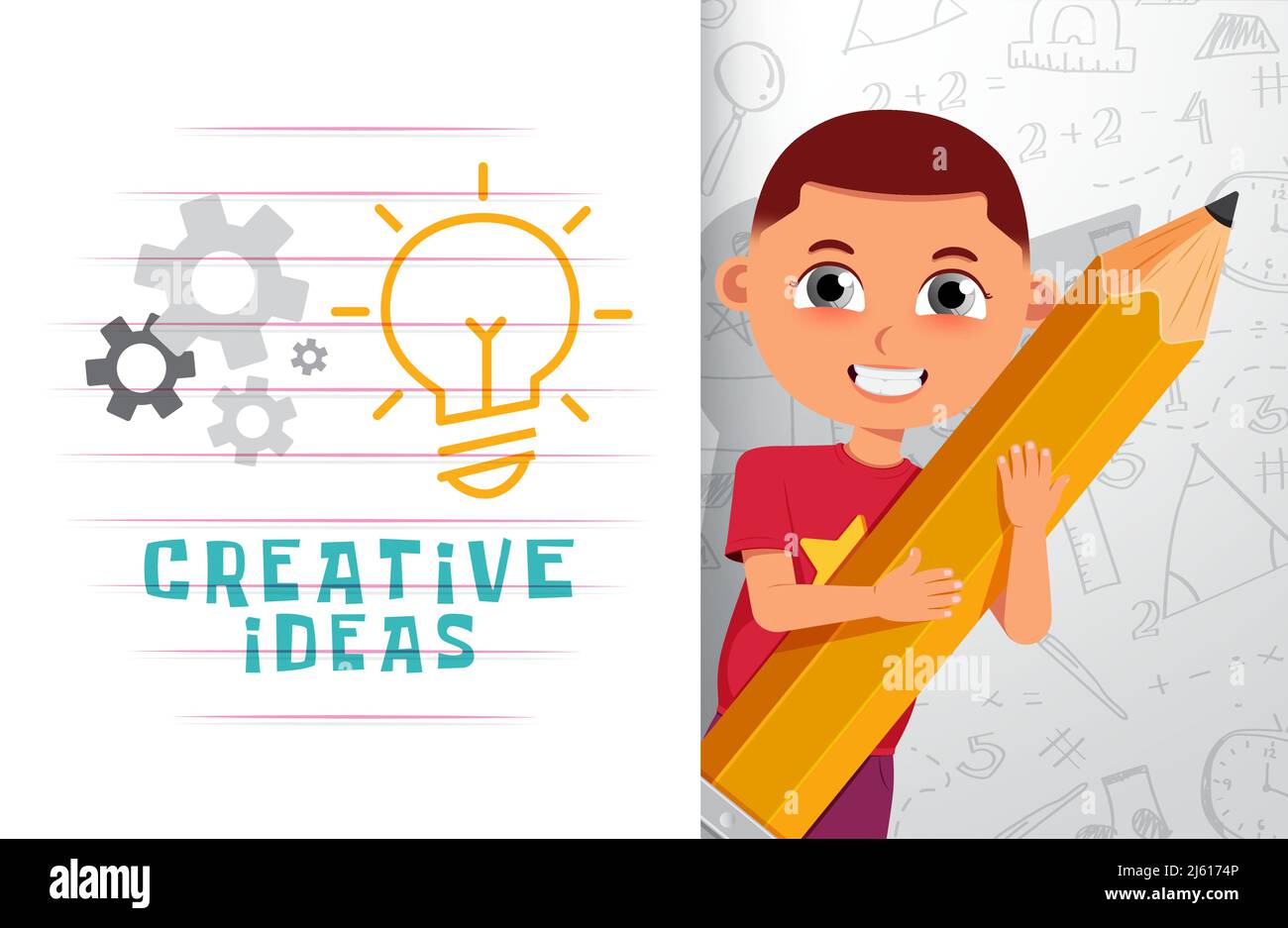 Creative School Character Vector Design Creative Ideas Text With Male Student Holding Pencil In Doodle Drawing Background For Learning And Study Stock Vector Image Art Alamy