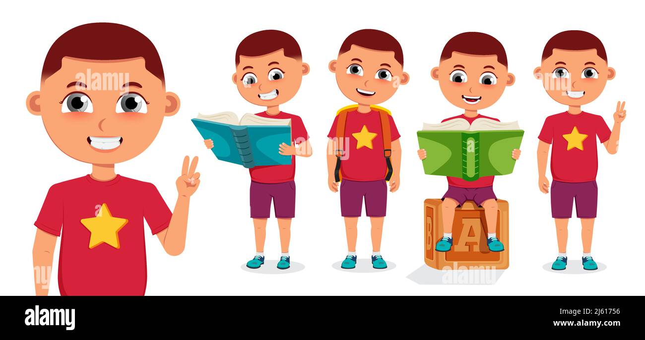 Student boy vector character set. School 3d male students in standing ...