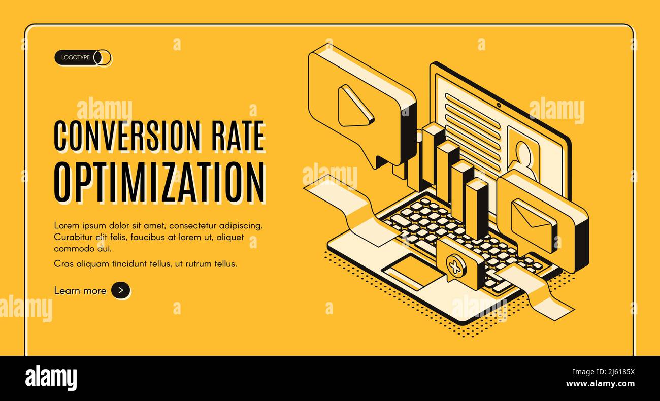 Conversion rate optimization isometric vector web banner with digital content on laptop screen illustration. Internet marketing technology, e-commerce Stock Vector