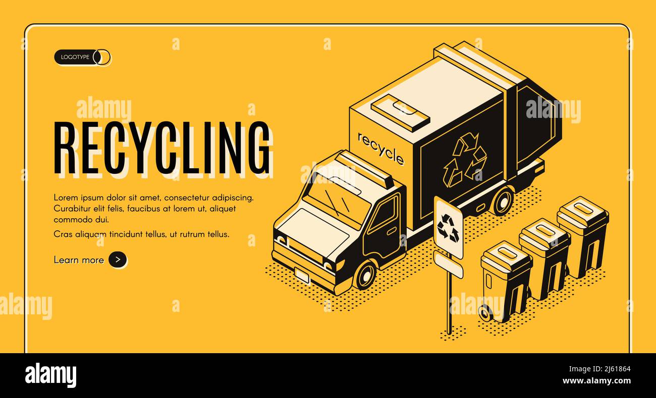 Waste recycling service isometric vector web banner. Sanitation truck picking up, collecting