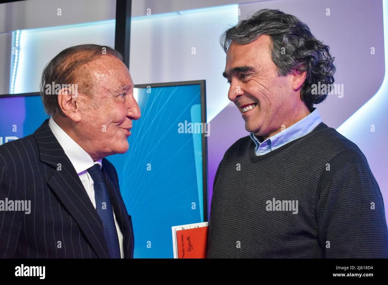 Presidential candidate Rodolfo Hernandez (Left) speaks with candidate Sergio Fajardo (Right) after the Prisa Media 'Hora 20' Radio debate in Bogota, Colombia on April 26, 2022. Photo by: Cristian Bayona/Long Visual Press Stock Photo