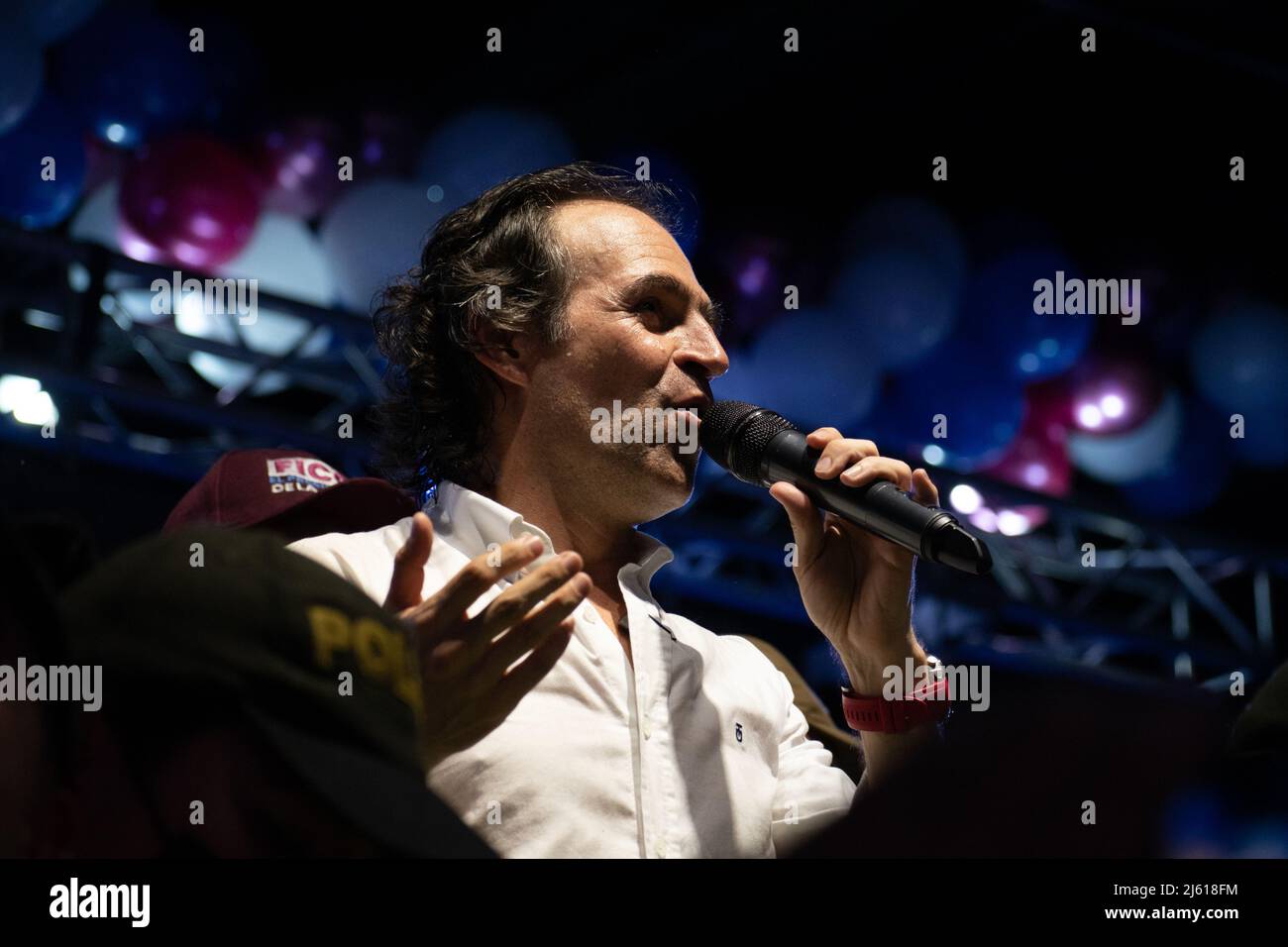 Candidate Federico Gutierrez gives a speech to supporters during the presidential campaing of right wing candidate Federico 'FICO' Gutierrez for the political party 'Equipo por Colombia' in Pasto - Narino, Colombia on April 26, 2022. Photo by: Camilo Erasso/Long Visual Press Stock Photo