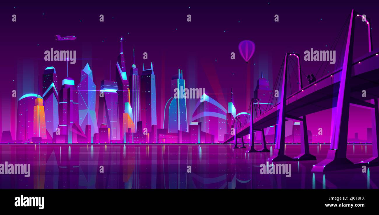 Modern city cartoon vector night landscape. Urban cityscape background with skyscraper buildings on river bank with bridge illuminated with neon light Stock Vector