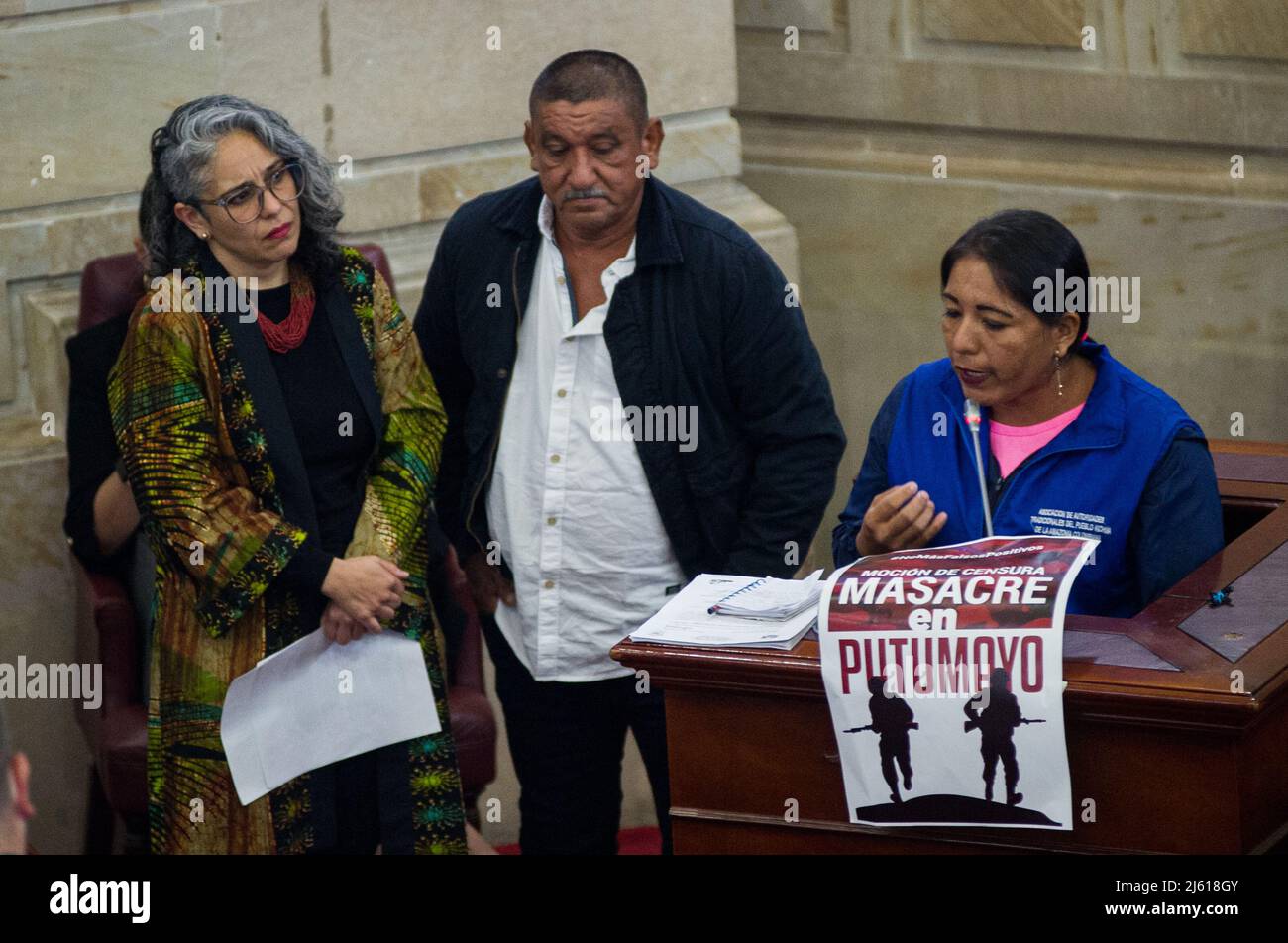An inhabitant of Puerto Leguizamo, Putumayo is heard during the motion to censure to Colombia's Minister of Defense Diego Molano at Colombian congress for a military raid that resulted in 11 death including four suspected civilians alleged by authorities to be passed of by guerilla members, in Bogota, Colombia April 26, 2022.  Photo by: Chepa Beltran/Long Visual Press Stock Photo