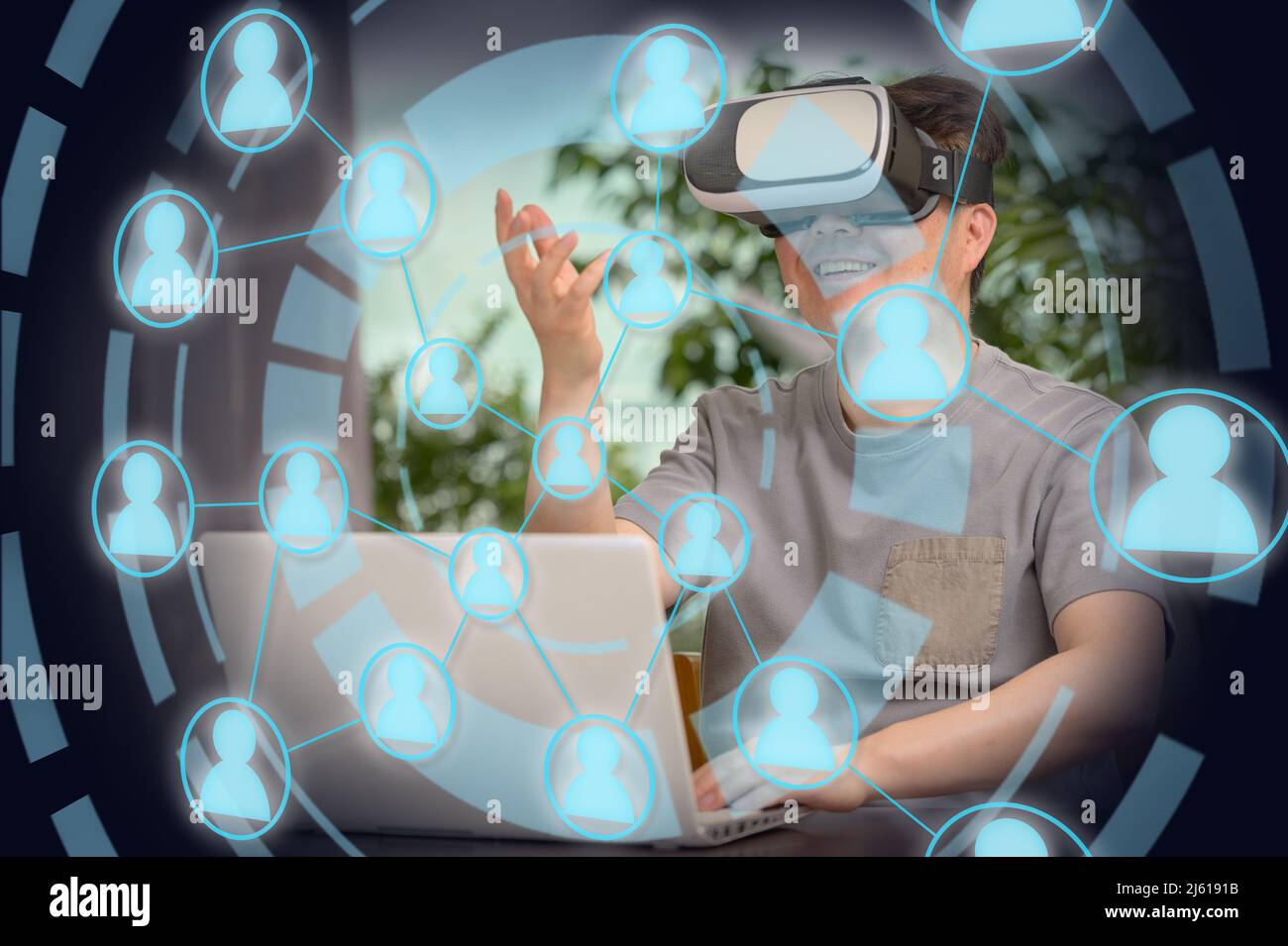 A man wearing a VR headset. Metaverse, cyber virtual society concept Stock Photo