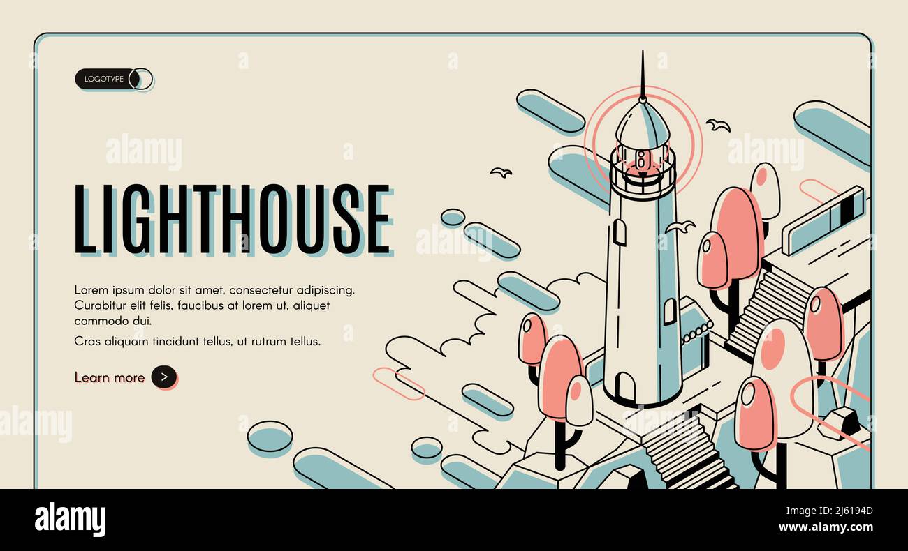 Lighthouse building and seagulls on retro colored background. Nautical theme banner, marine logistics, seaport and traveling. Isometric vector illustr Stock Vector