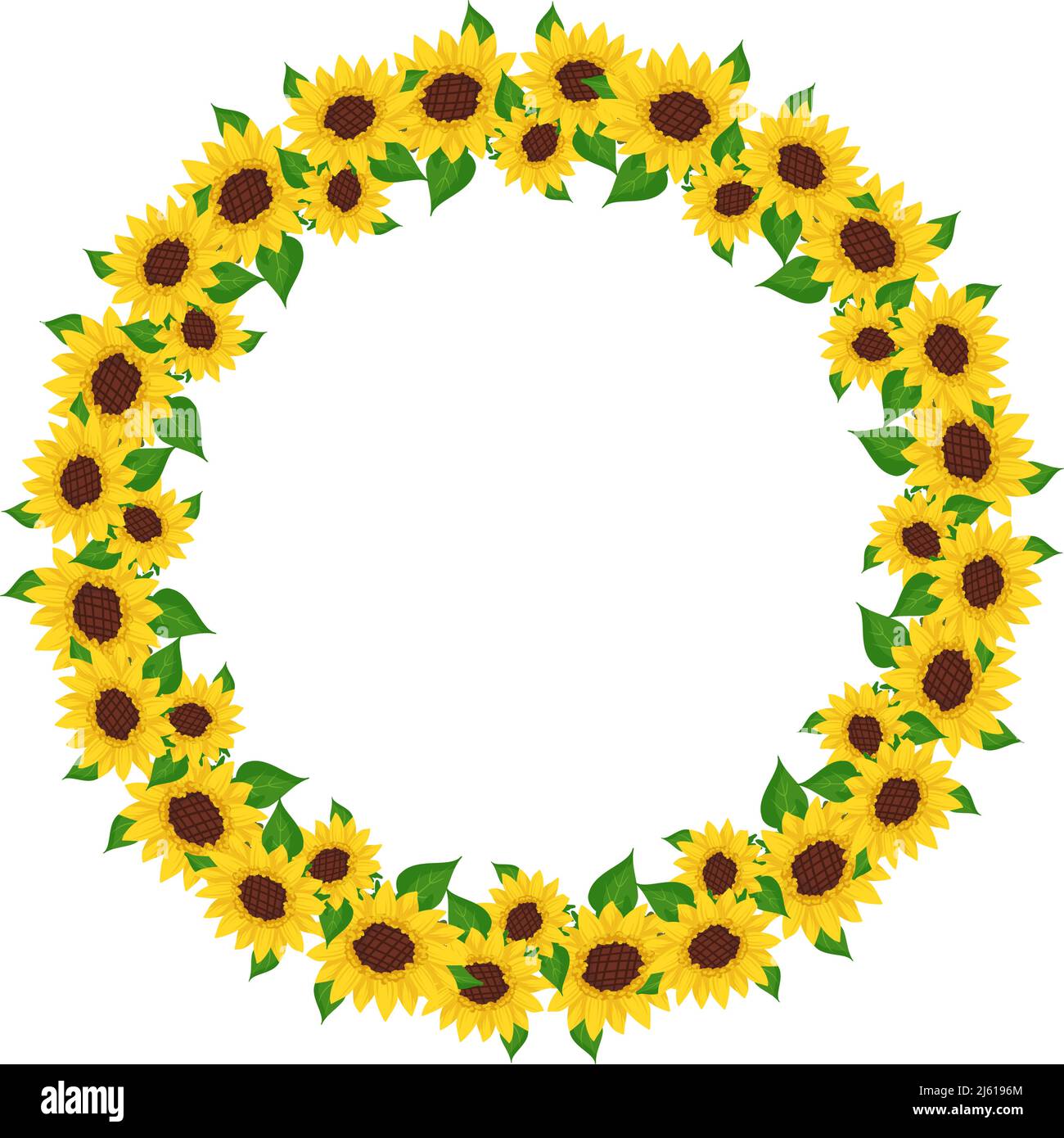 Yellow sunflower wreath with green leaves. Round frame, cute bright ...
