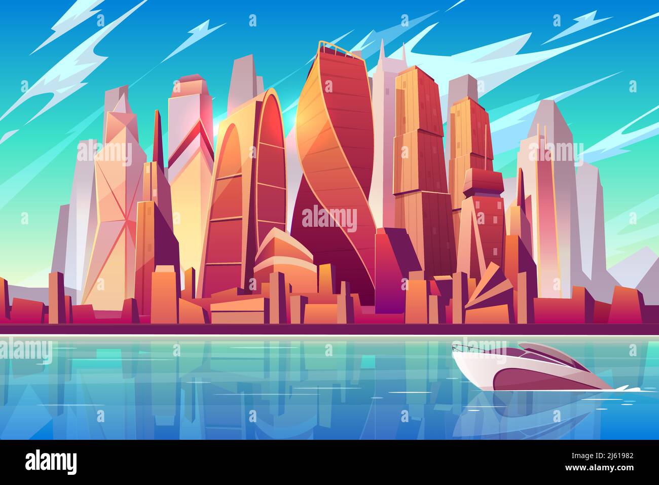 Moscow city skyline cartoon vector panoramic background with international business center complex futuristic skyscrapers buildings on shore and moder Stock Vector