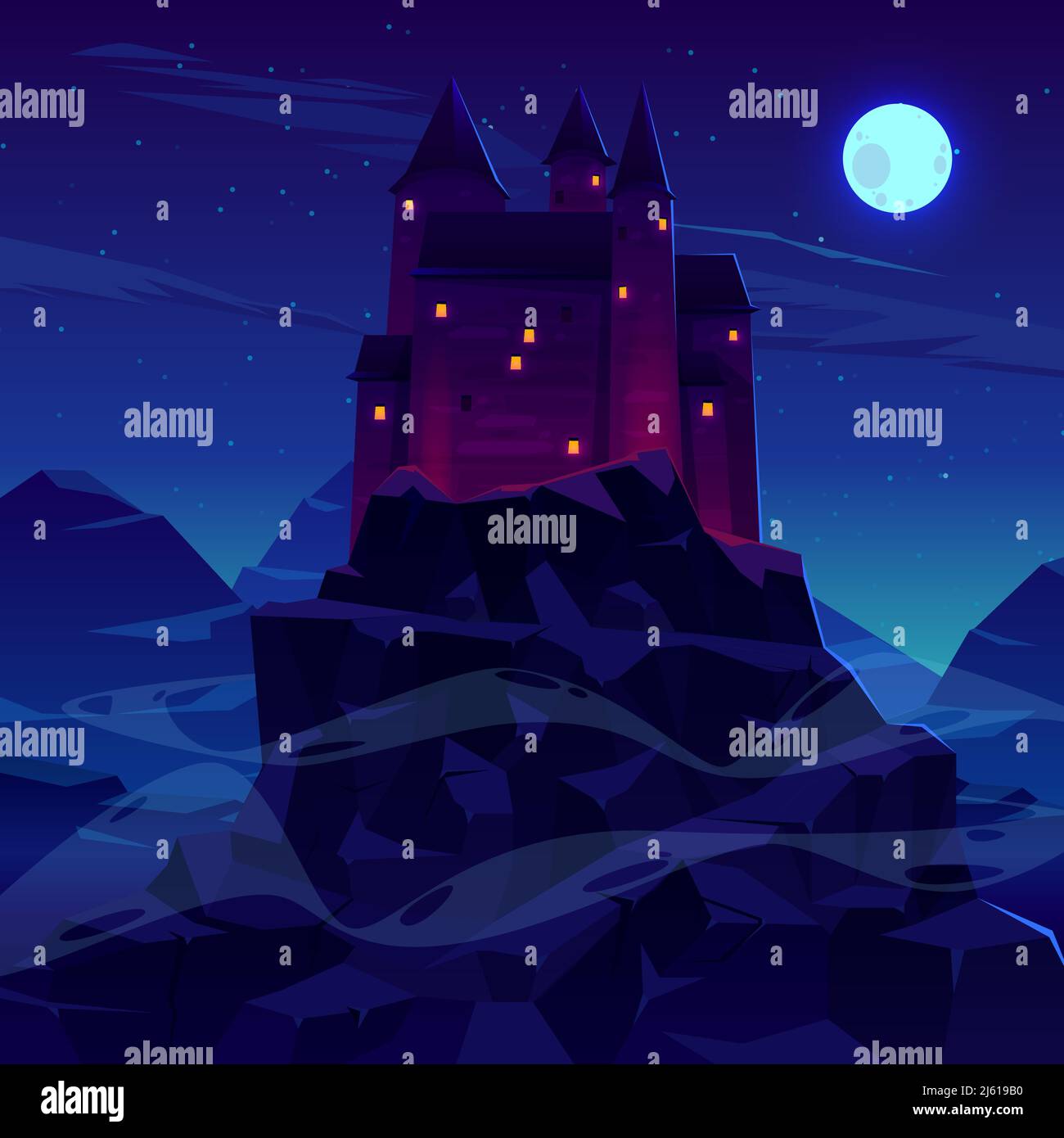 Mysterious medieval castle with stone towers spires illuminated torches ...