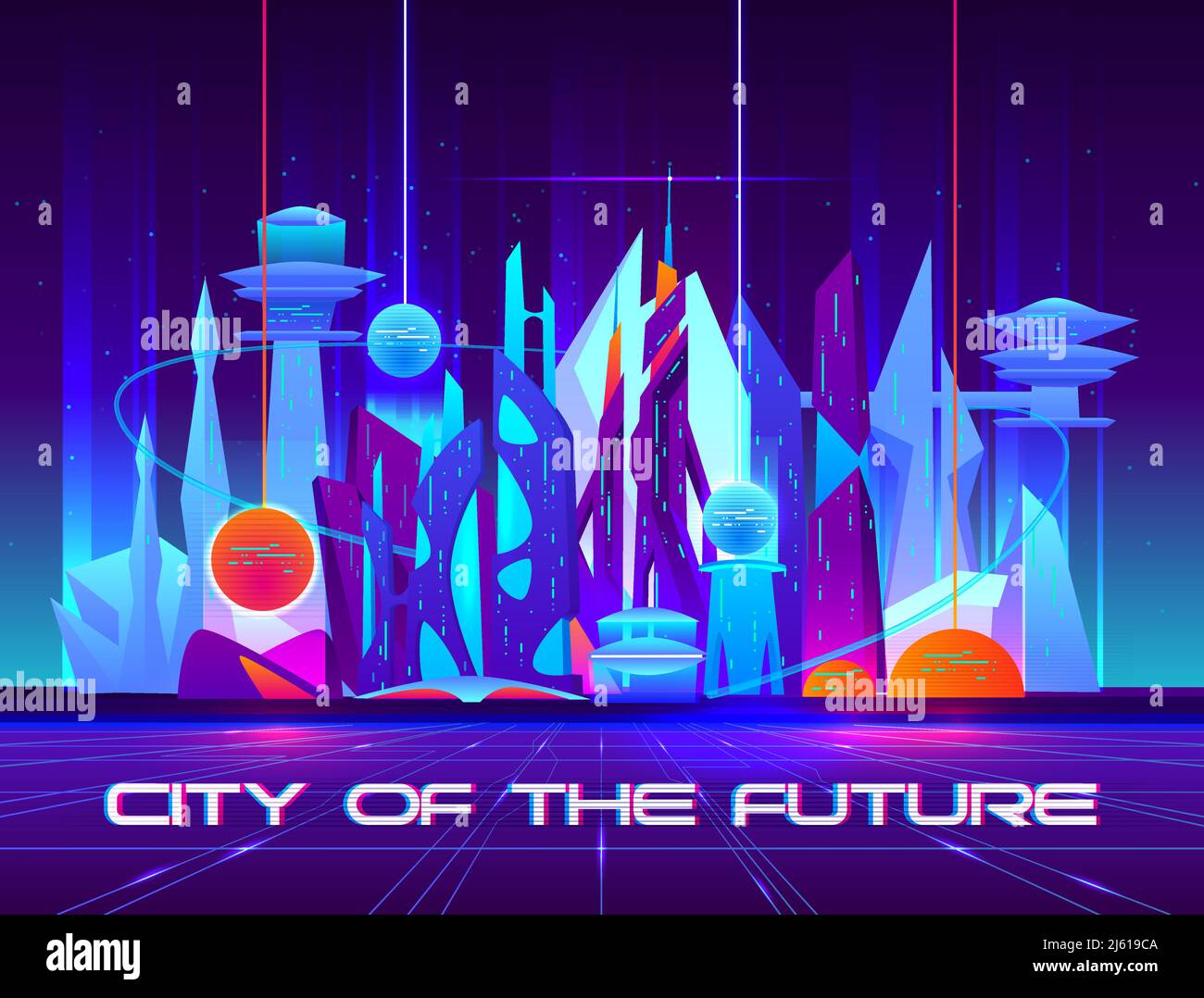 City of future at night with vibrant neon lights and shining spheres ...