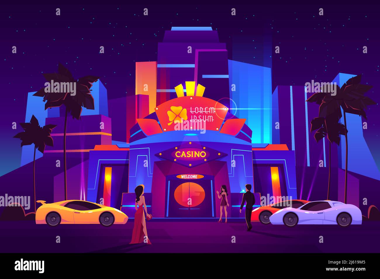 Luxury casino entrance in tropical resort city cartoon vector. Man in business suit, women in evening dresses arriving to brightly illuminated night, Stock Vector