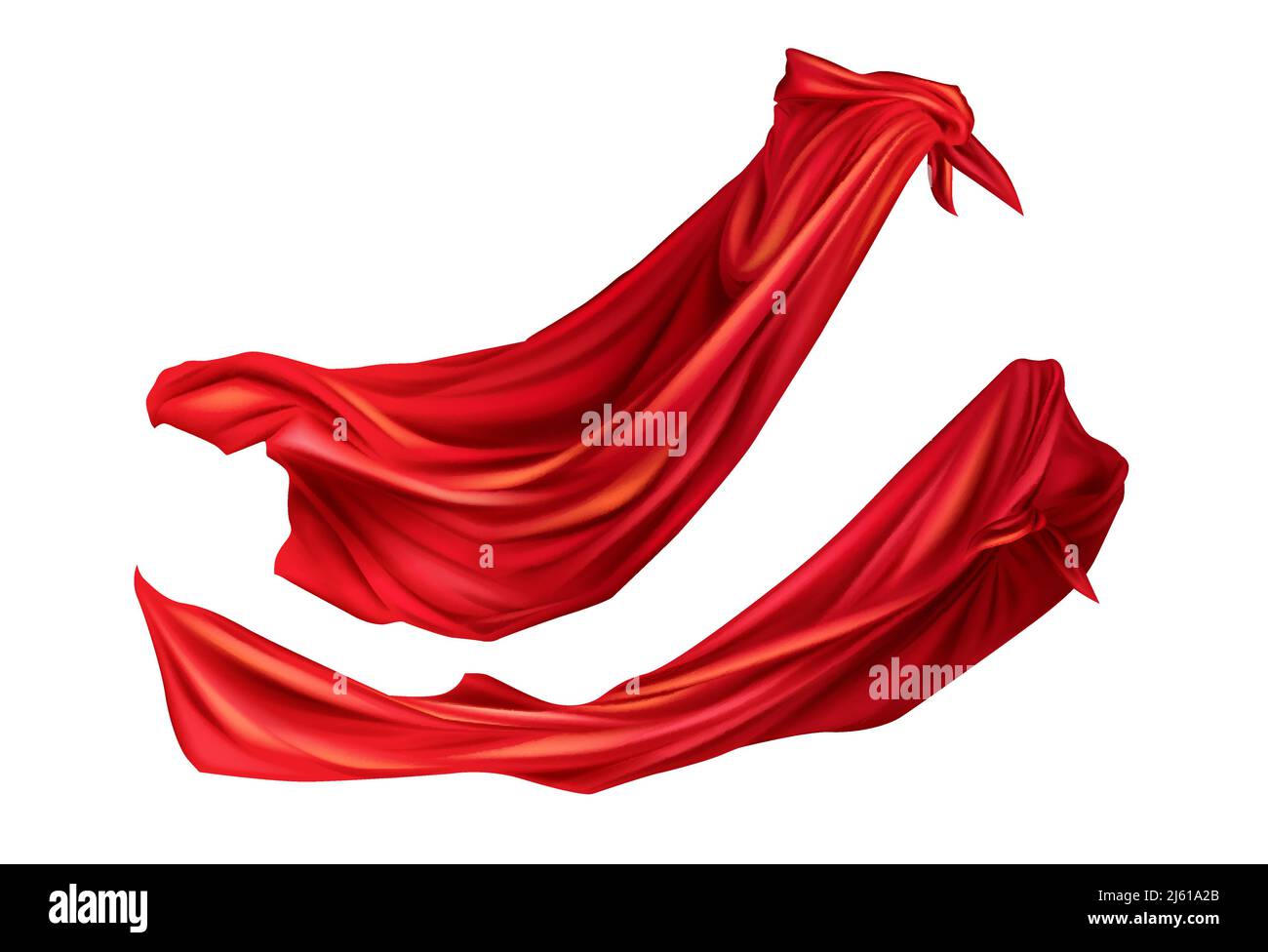 Red cloaks superhero costume with hoods set. Silk flattering capes side view on different positions isolated on white background. Carnival, masquerade Stock Vector