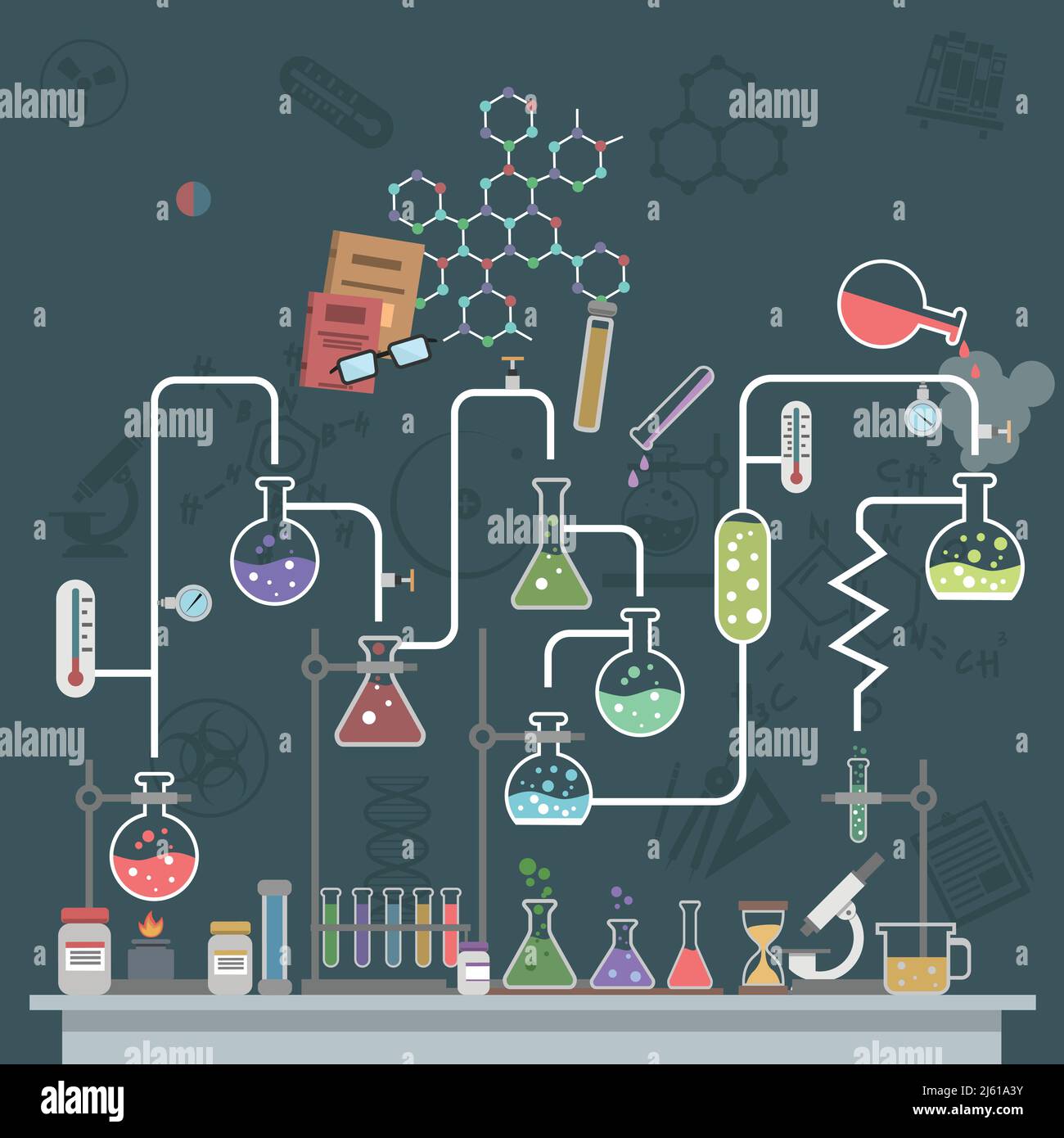 Science lab concept with flat flasks and physics symbols vector