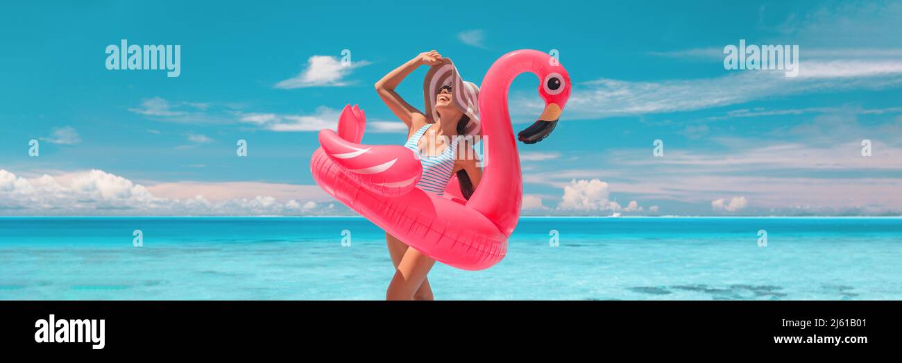 Beach vacation summer Caribbean travel woman sunbathing relaxing with swimming pool pink flamingo float - funny holiday banner panoramic Stock Photo