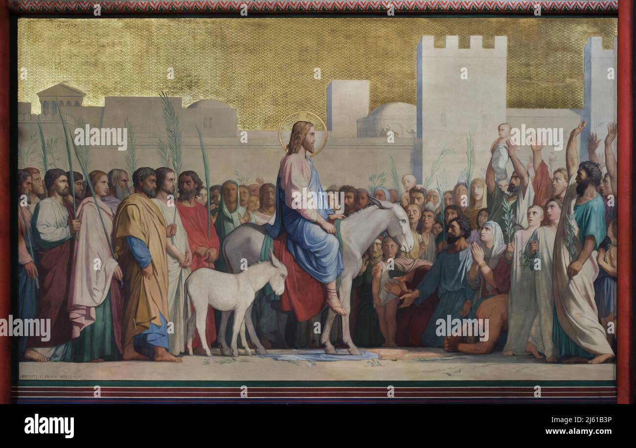 Entry of Christ into Jerusalem. Mural painting by French painter Jean-Hippolyte Flandrin (1844) in the Church of Saint-Germain-des-Prés in Paris, France. Stock Photo