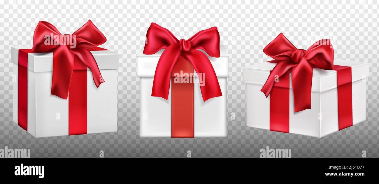 Gift or present boxes with red bow set. Festive packages mockup wrapped with silk ribbon