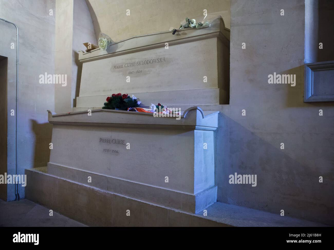 Tombs of French physicist Pierre Curie and his wife Marie Skłodowska-Curie in the crypt of the Panthéon in Paris, France. Stock Photo