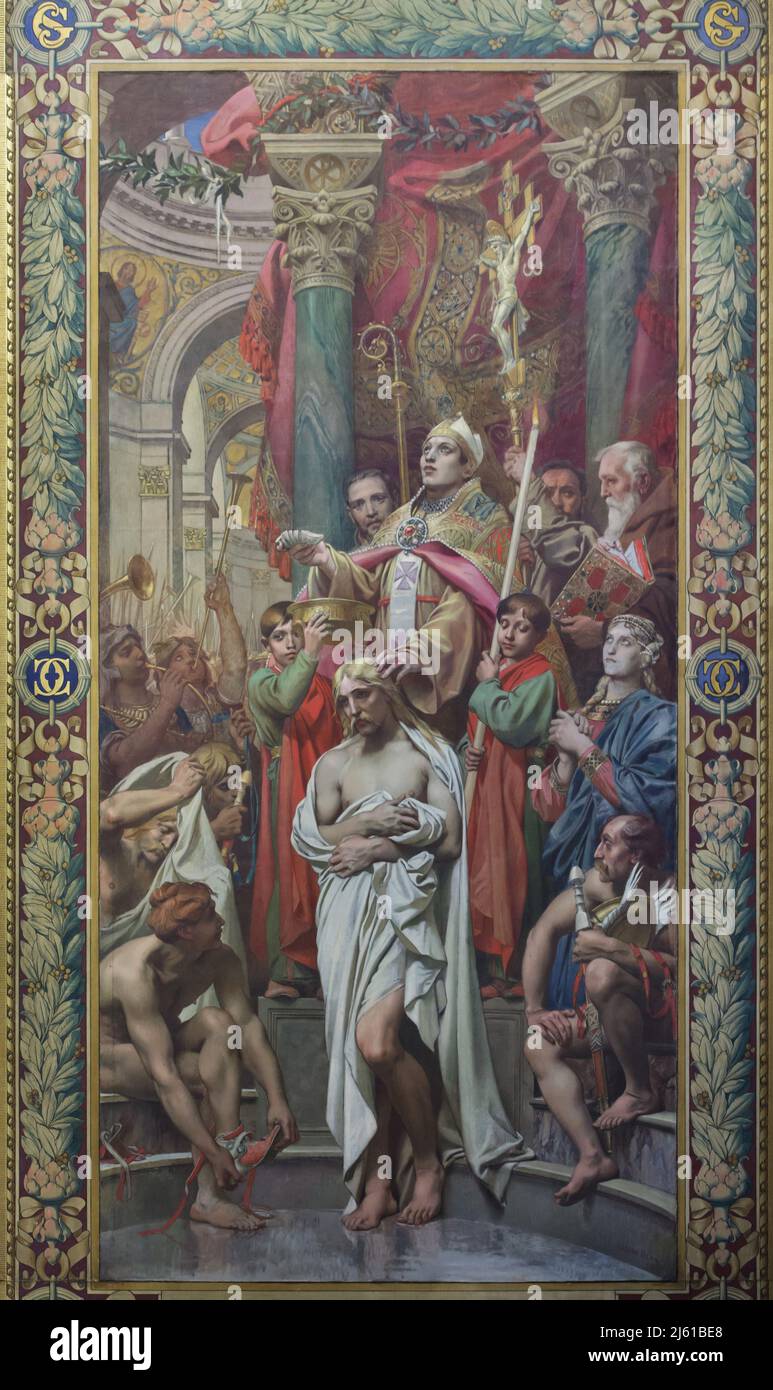 Baptism of King Clovis I depicted in the mural painting by French painter Paul-Joseph Blanc (1874) in the Panthéon in Paris, France. Stock Photo