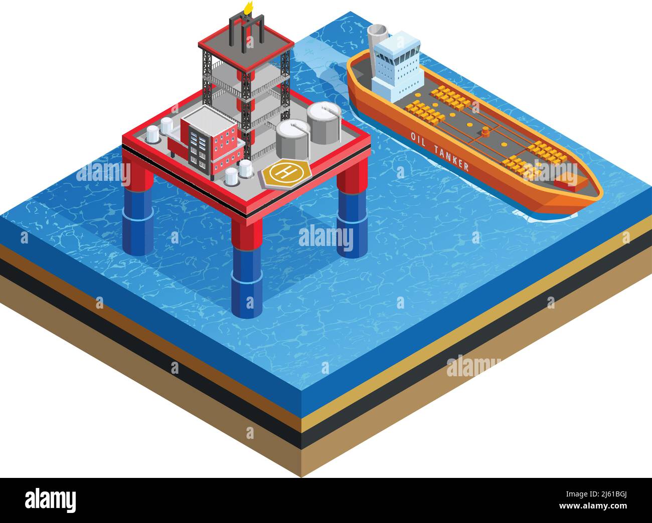 Offshore production platform oil rigs for drilling from seabed and tanker transport isometric icon white background vector illustration Stock Vector