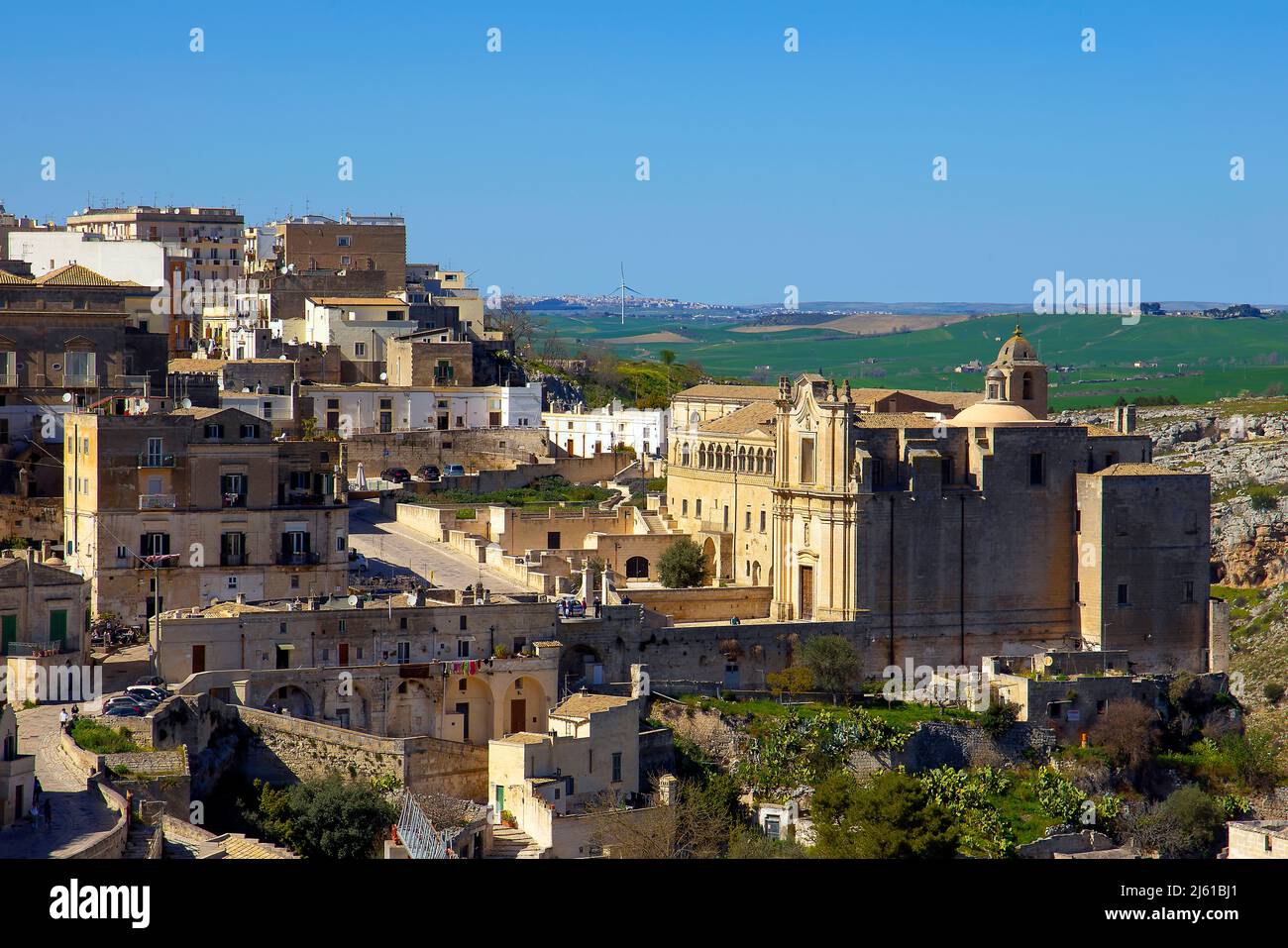 View of Sasso Barisano with San Agositno church and convent, Matera, Basilicata, Italy. Stock Photo