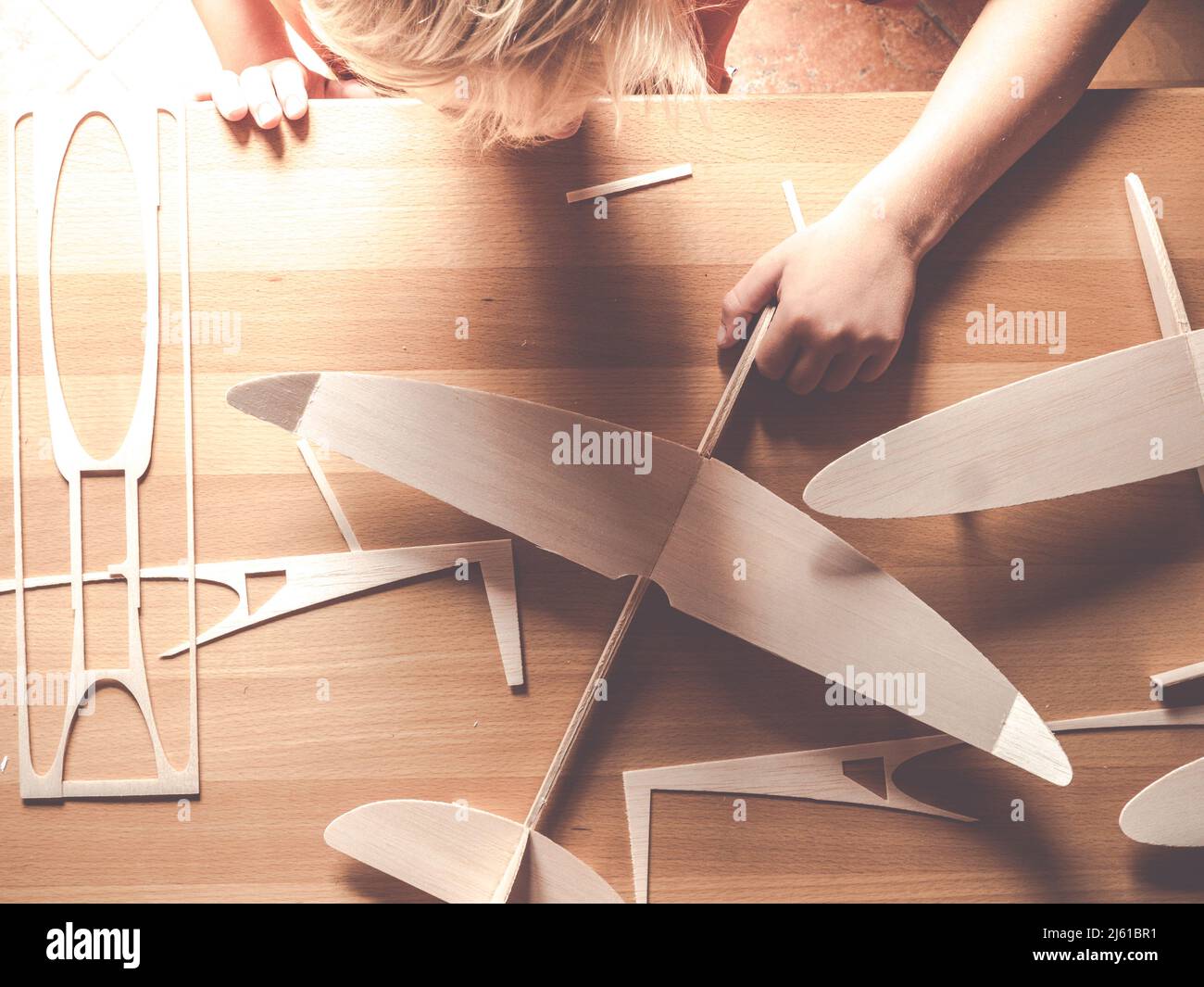 top view of wooden aircraft kit or airplane model made from from balsa Stock Photo