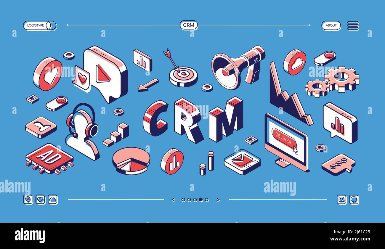 CRM, customer relationship management isometric web banner, business internet technology accounting system, clients support deal, organization of data Stock Vector