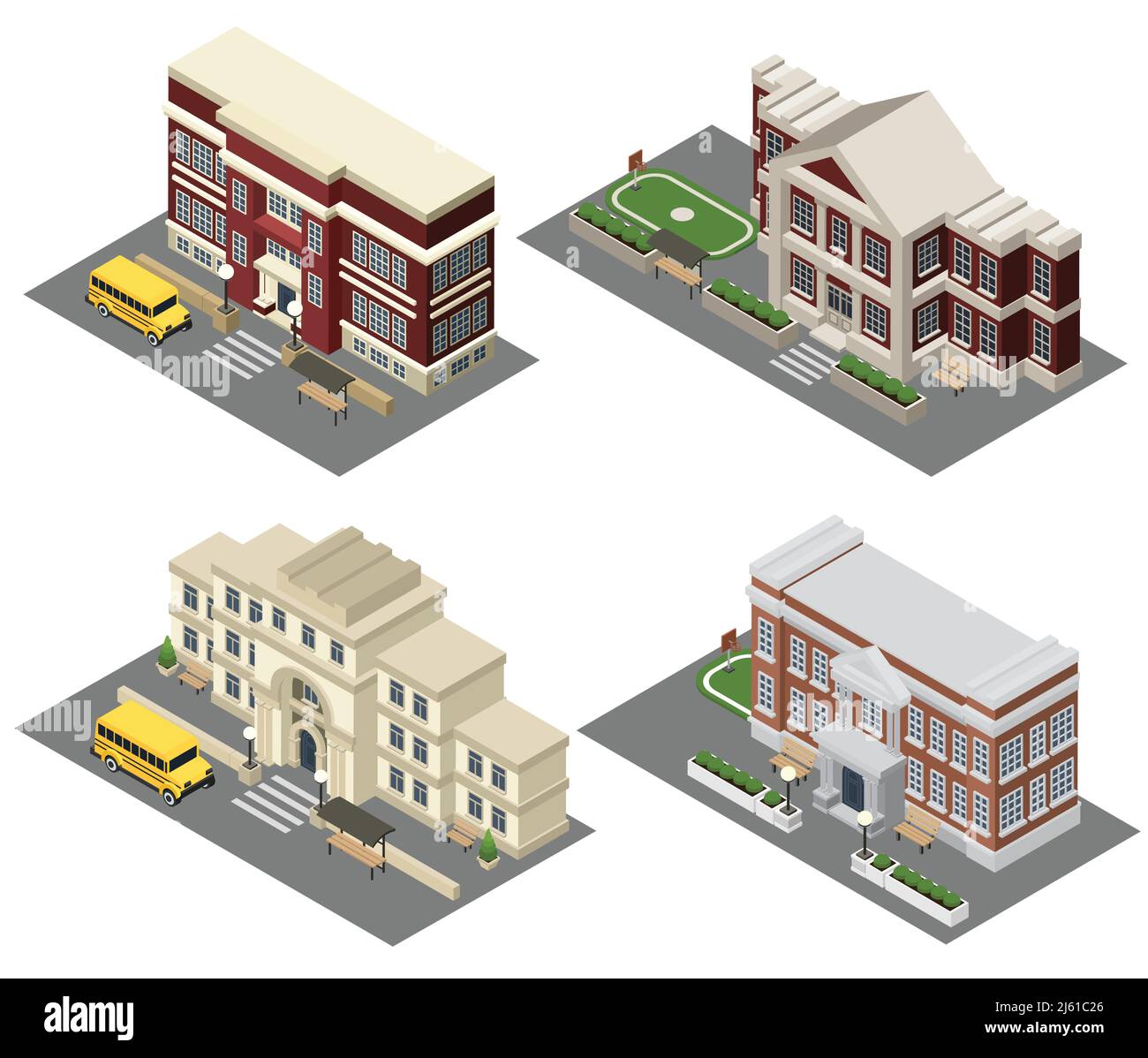 School building isometric icons set with field bus and benches isolated vector illustration Stock Vector