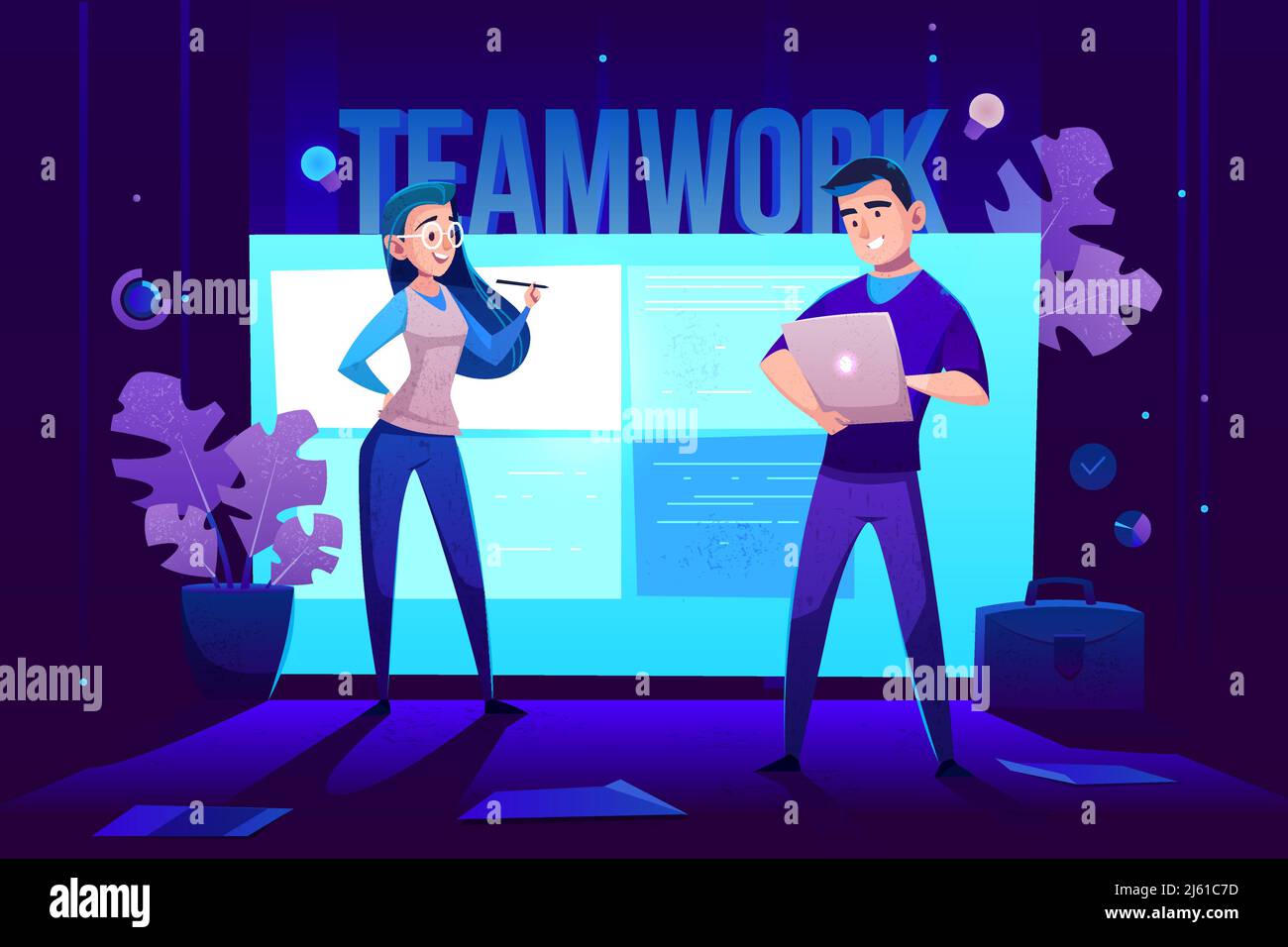 Teamwork characters in front of large glowing screen for presentations on wall. Young man with tablet and woman with pen presenting new project, offic Stock Vector