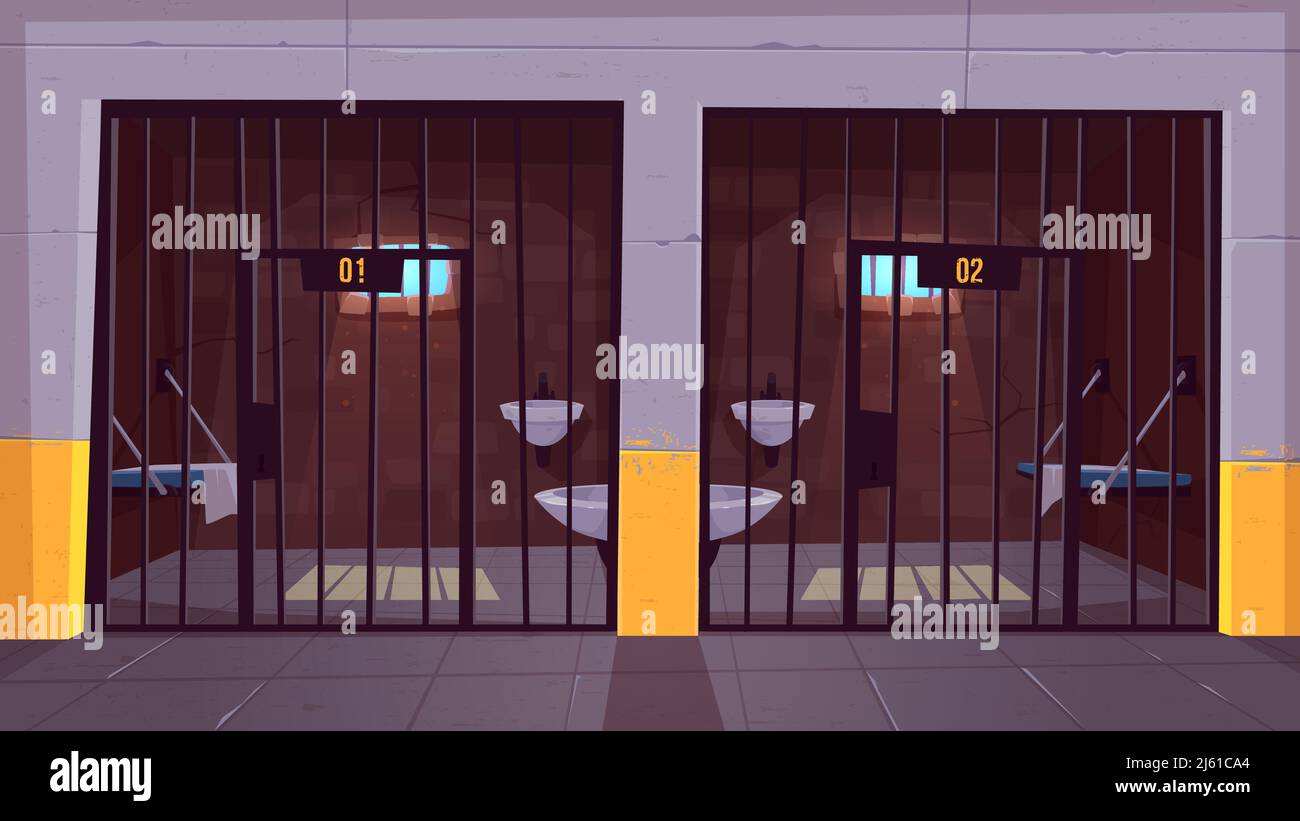 Prison corridor with two empty single cells behind steel bars cartoon vector. Jail facility interior with bunk bed, toilet bowl, washbasin and cell nu Stock Vector