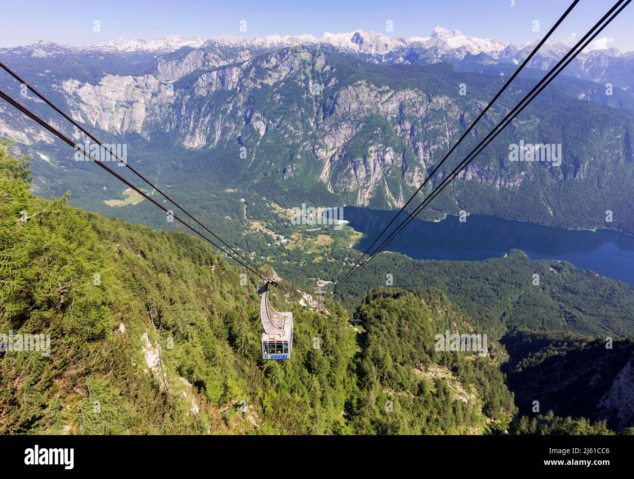 Triglav National Park, Upper Carniola, Slovenia.  The Vogel - Bohinj cable car which ascends from near Lake Boninj - seen on right - 1922 meters (6306 Stock Photo