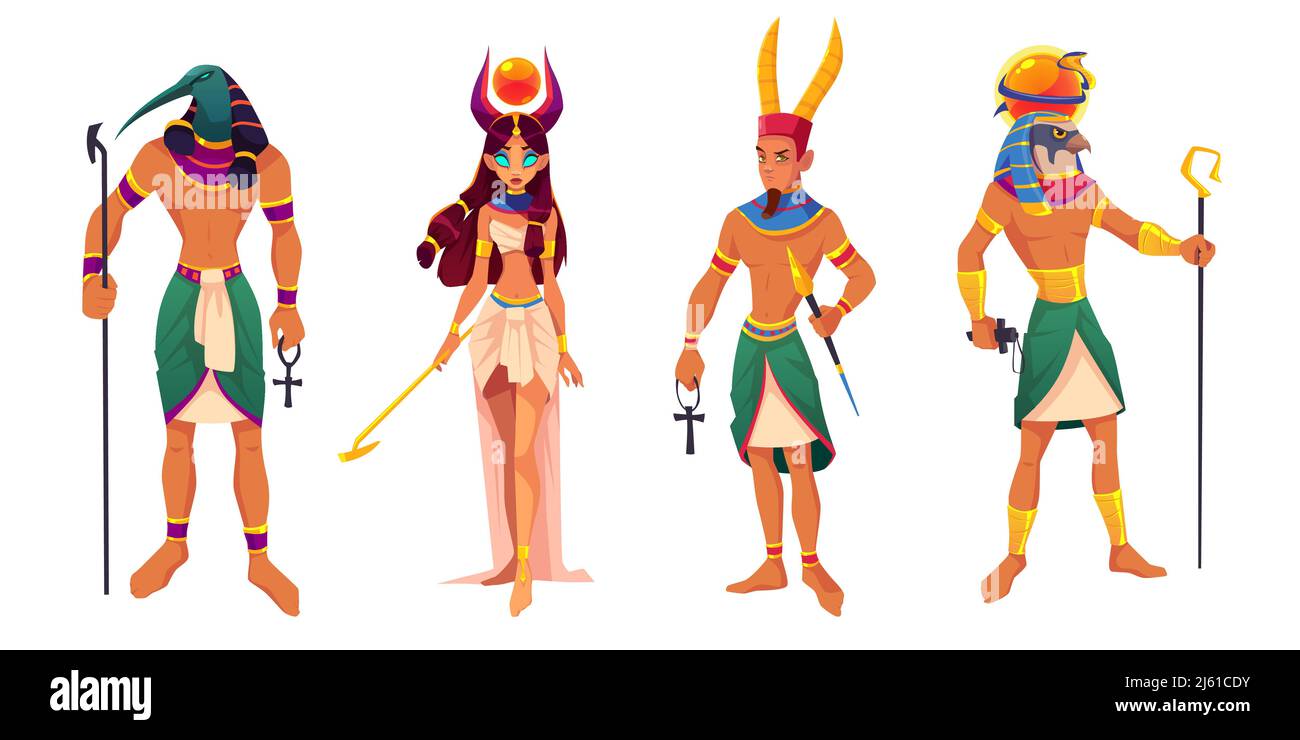 Egyptian gods Amun, Ra, Thoth, Hathor. Ancient Egypt deities and mythological creatures with religion attributes isolated on white background. Culture Stock Vector