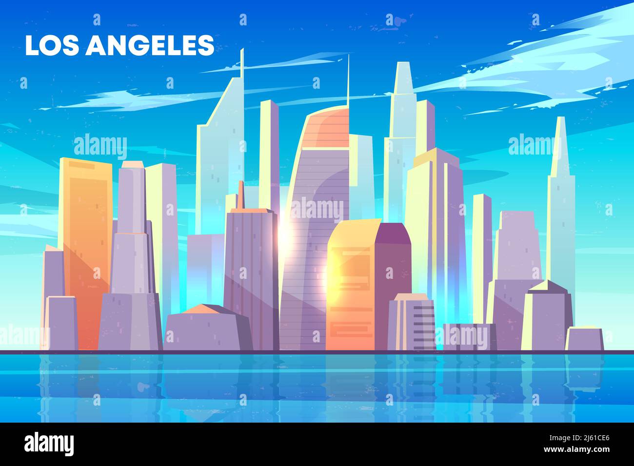 Los Angeles city skyline with illuminated by sun skyscrapers buildings on seashore, houses reflections in bay water cartoon vector background. Modern Stock Vector