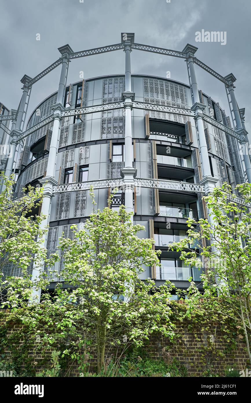Fomer gas holders converted into luxury apartments beside Regents canal, London. Stock Photo