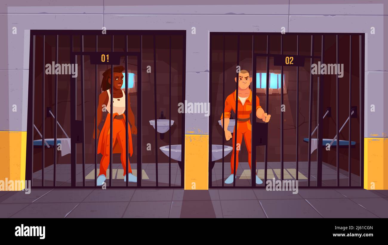 Prisoners in prison jail. People in orange jumpsuits in cell. Arrested convict male characters standing behind of metal bars. Life in jailhouse. Polic Stock Vector