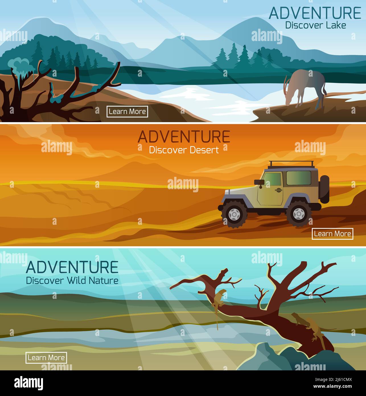 Discover nature wild life 3 flat banners set with lake and desert adventures abstract isolated vector illustration Stock Vector