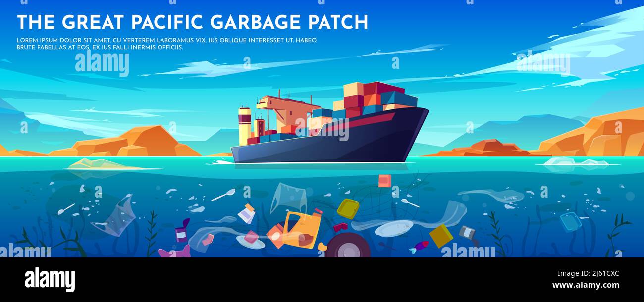 Pacific ocean plastic garbage patch banner with container ship and trash floating underwater surface. Sea dirty polluted water. Planet pollution, ecol Stock Vector