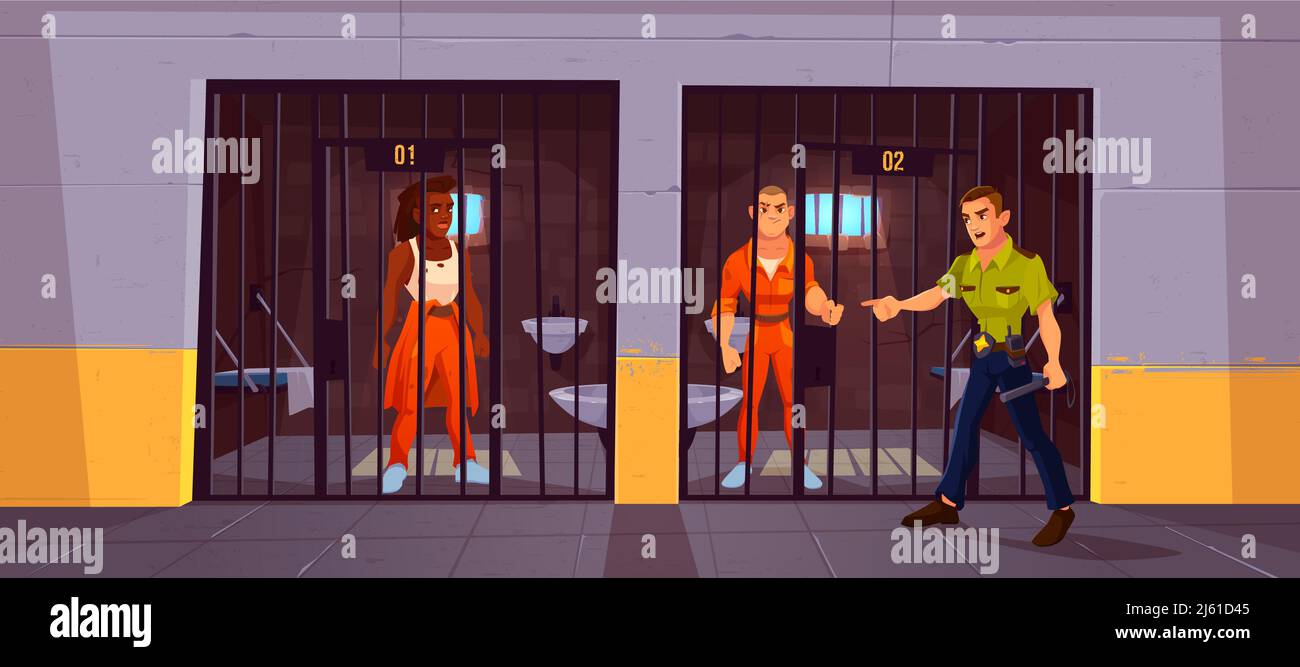 Prisoners in prison jail and policeman. People in orange jumpsuits in cell. Arrested convict men standing behind of metal bars. Life in jailhouse. Pol Stock Vector