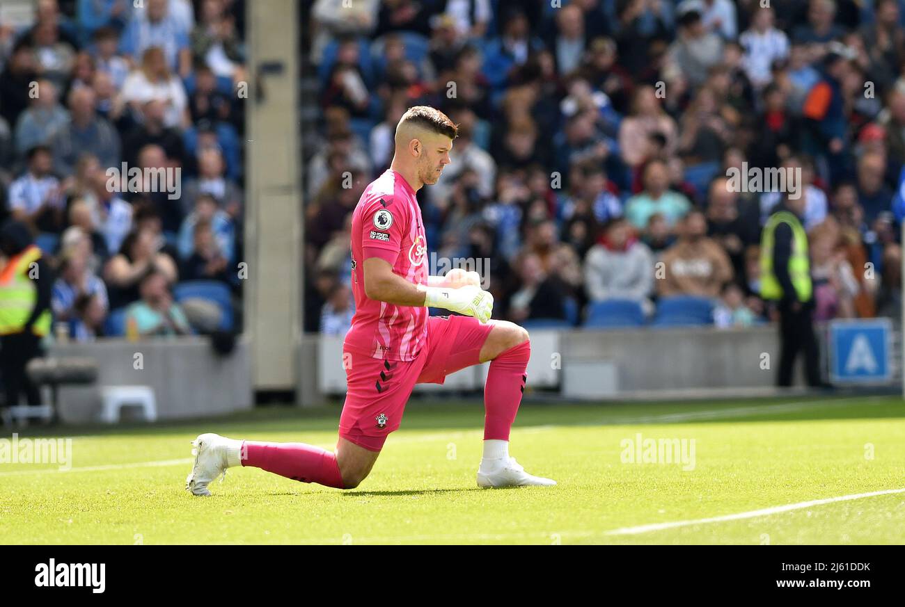 Fraser Forster of Southampton during the Premier League match between Brighton and Hove Albion and Southampton at American Express Community Stadium, Brighton, UK - 24th April  2022 - Credit Simon Dack  Editorial use only. No merchandising. For Football images FA and Premier League restrictions apply inc. no internet/mobile usage without FAPL license - for details contact Football Dataco Stock Photo