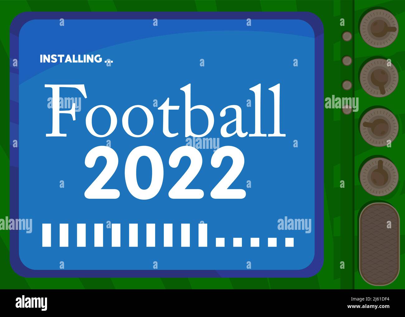 Cartoon Computer With the word Football 2022. Message of a screen displaying an installation window. Stock Vector