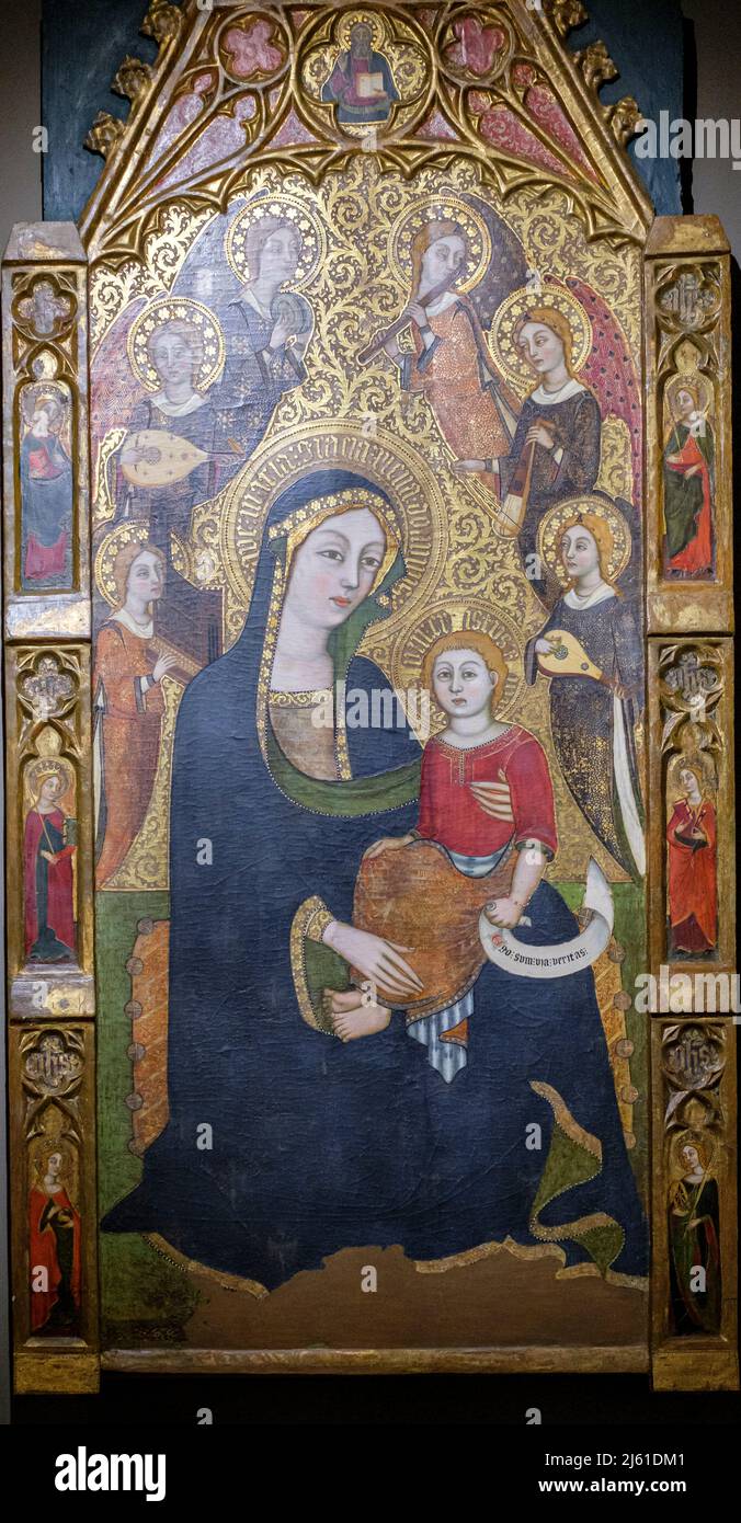 Mother of God of humility with musical angels altarpiece, Francesc Comes, 1390-94, Parish of La Mare de Deu dels Angels, pollensa museum, Majorca, Bal Stock Photo