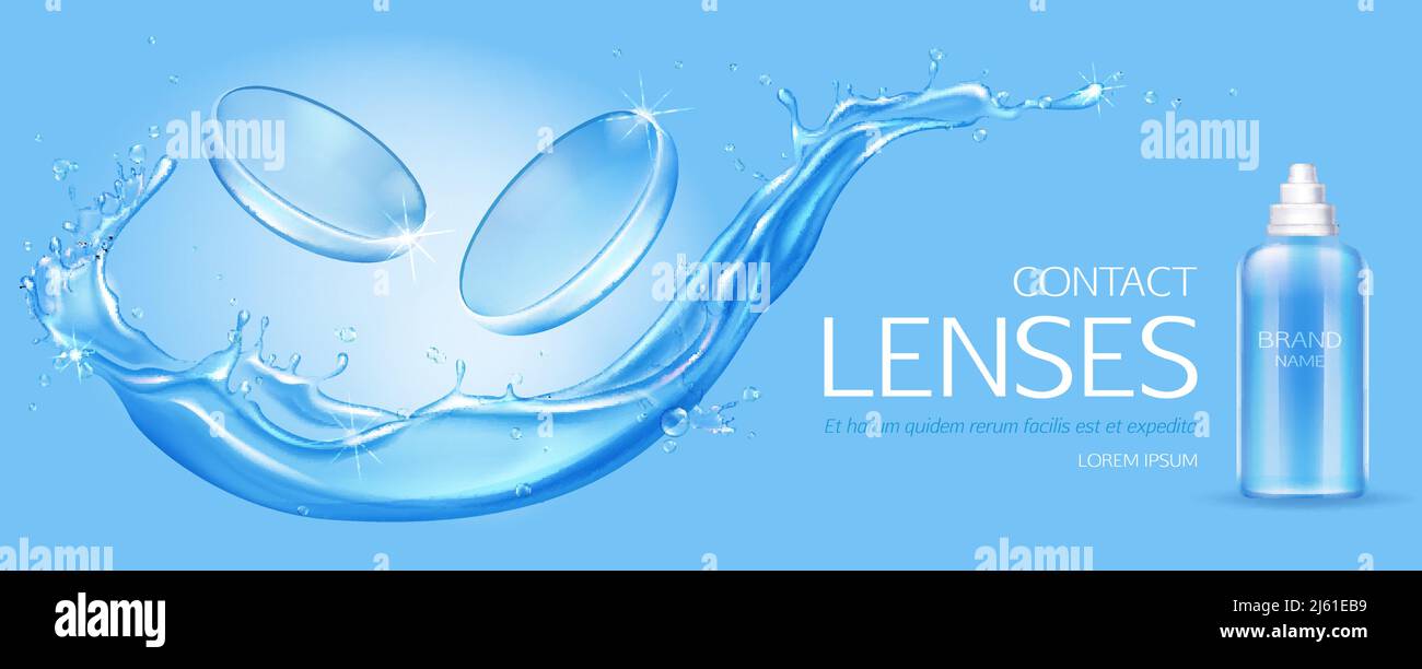 Contact lenses and solution bottle mock up on water splash background