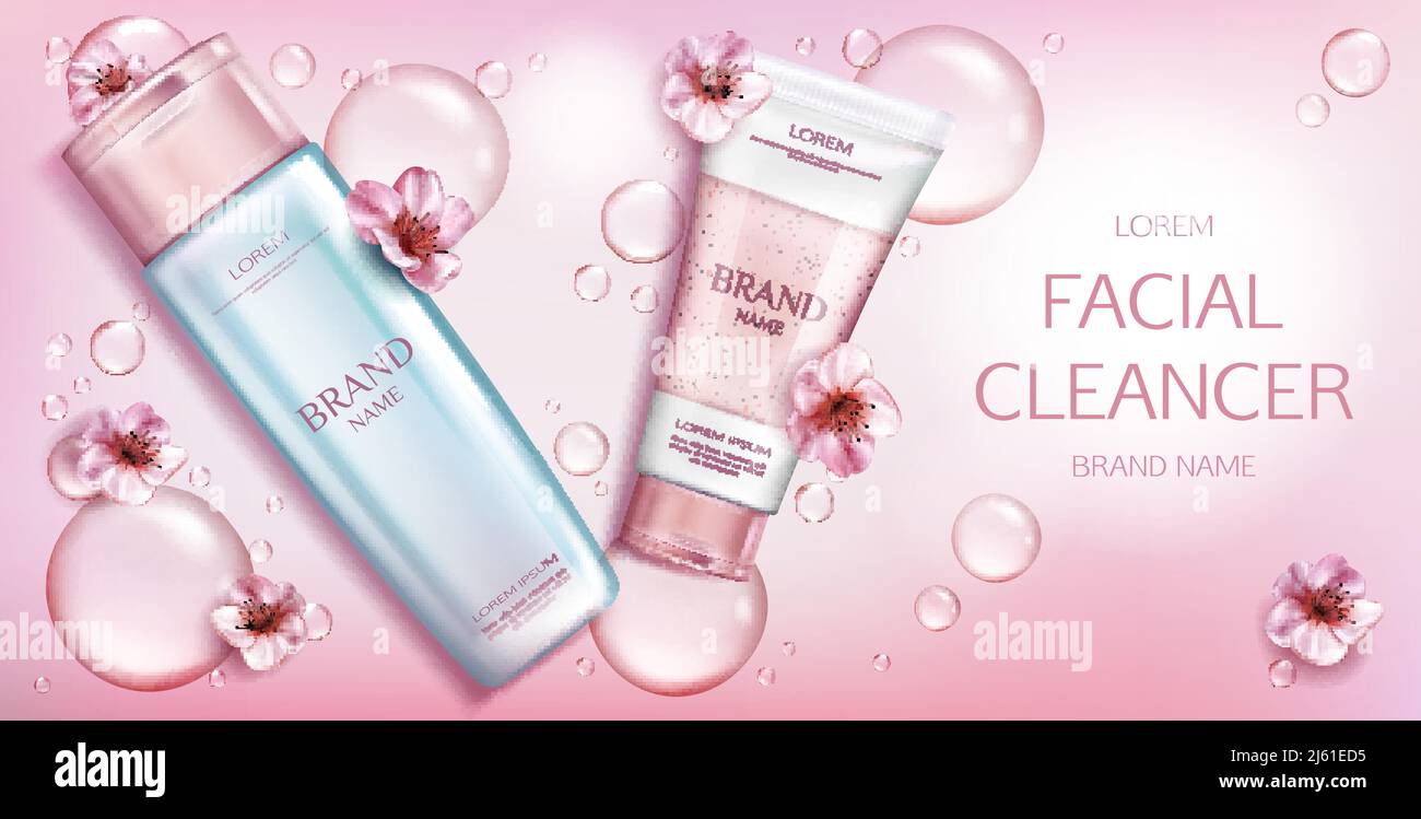 Facial cleanser cosmetics bottles mockup banner, beauty cosmetic product on pink background with
