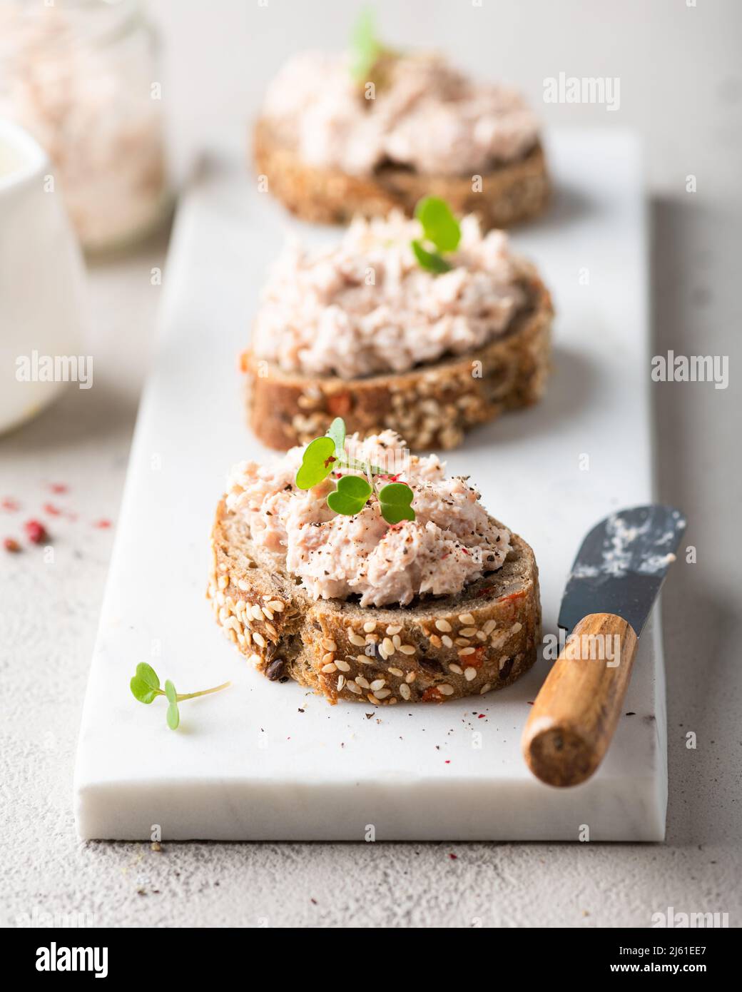 bruschetta with tuna pate, fish rillettes Stock Photo Alamy