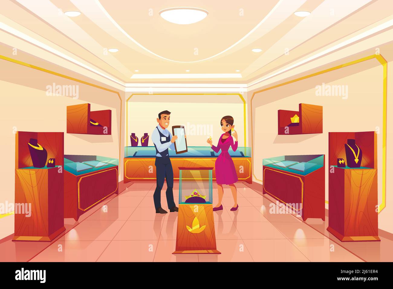 Jewellery store with seller and customer, woman buying earrings in