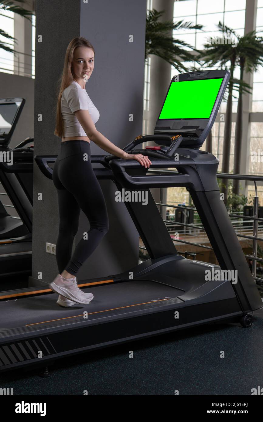 Woman treadmill indoors young length profile full active people, from lifestyle healthy for caucasian from sportswear cardio, equipment beautiful Stock Photo