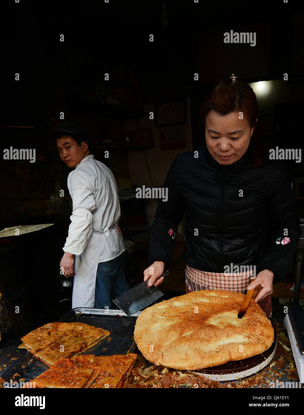 A Chinese Flatbread shop in a small market in Nanjing, China. Stock Photo