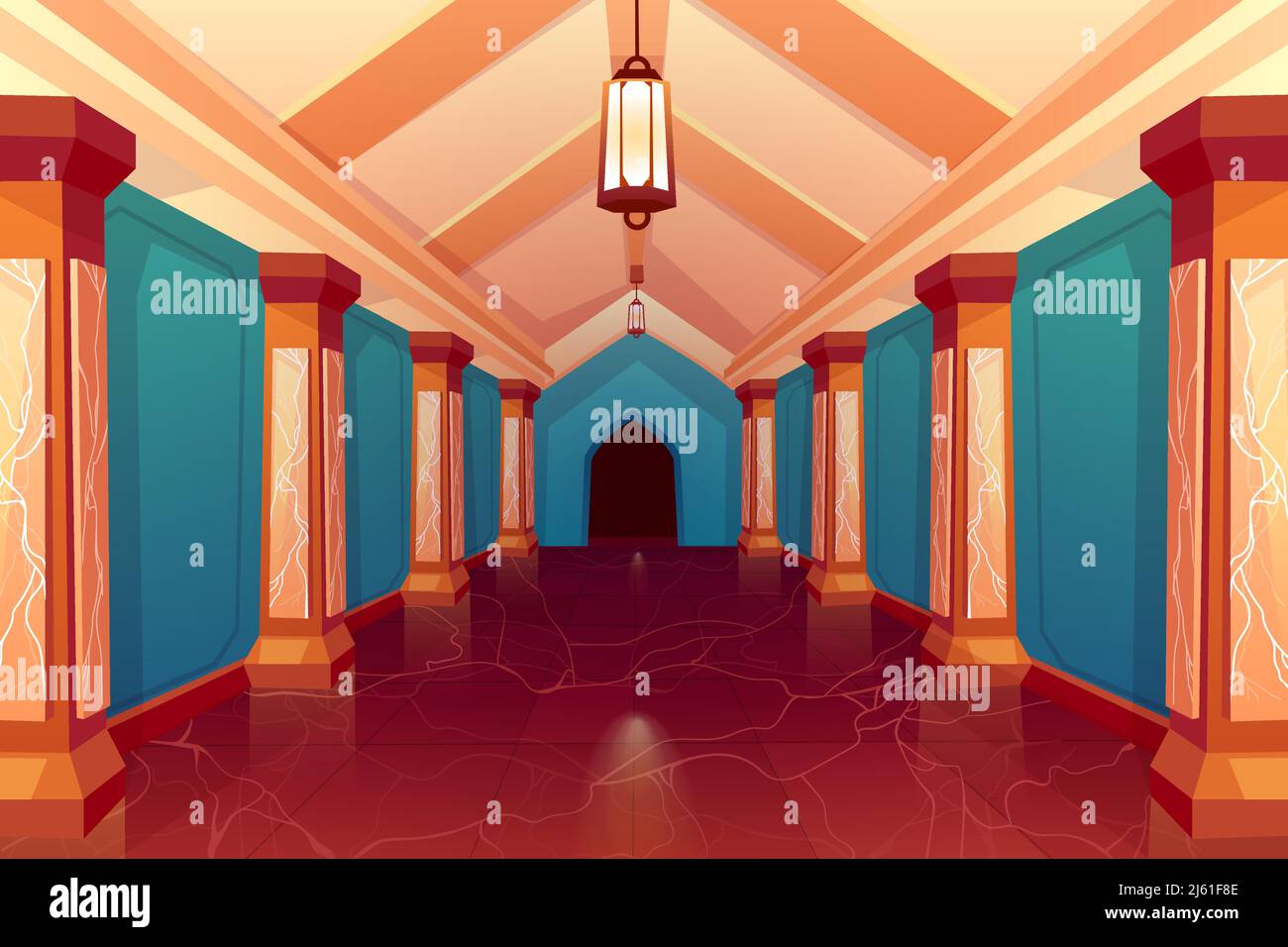 Palace hall, castle column empty corridor interior, gorgeous hallway with pillars and marble floor, perspective view. Background for computer game, an Stock Vector