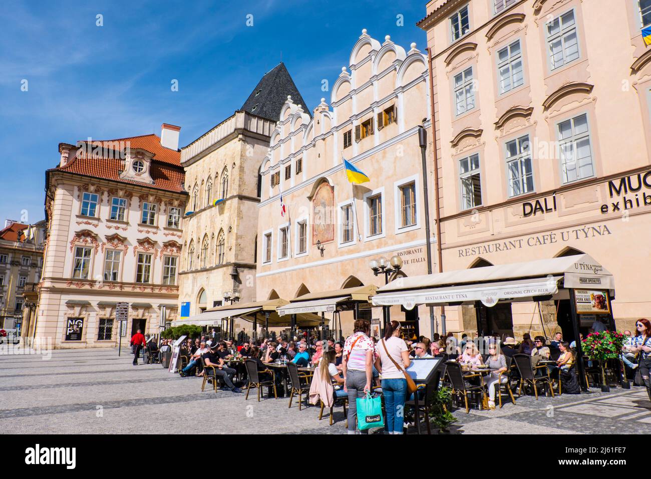 Restaurant terraces, in front of Tyn church, Staroměstské náměstí, old town square, Prague, Czech Republic Stock Photo