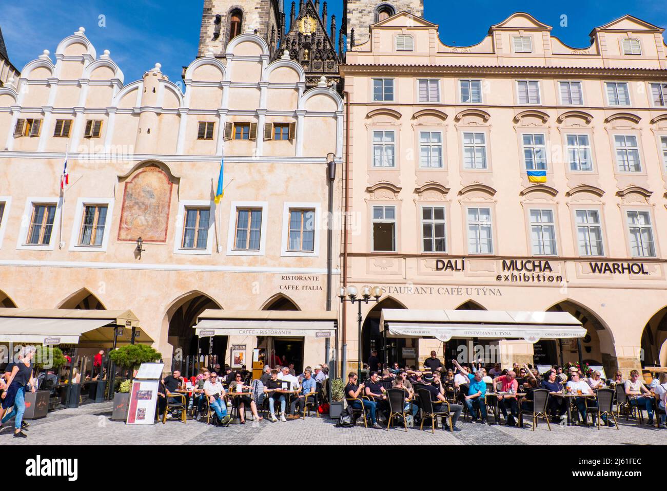 Restaurant terraces, in front of Tyn church, Staroměstské náměstí, old town square, Prague, Czech Republic Stock Photo