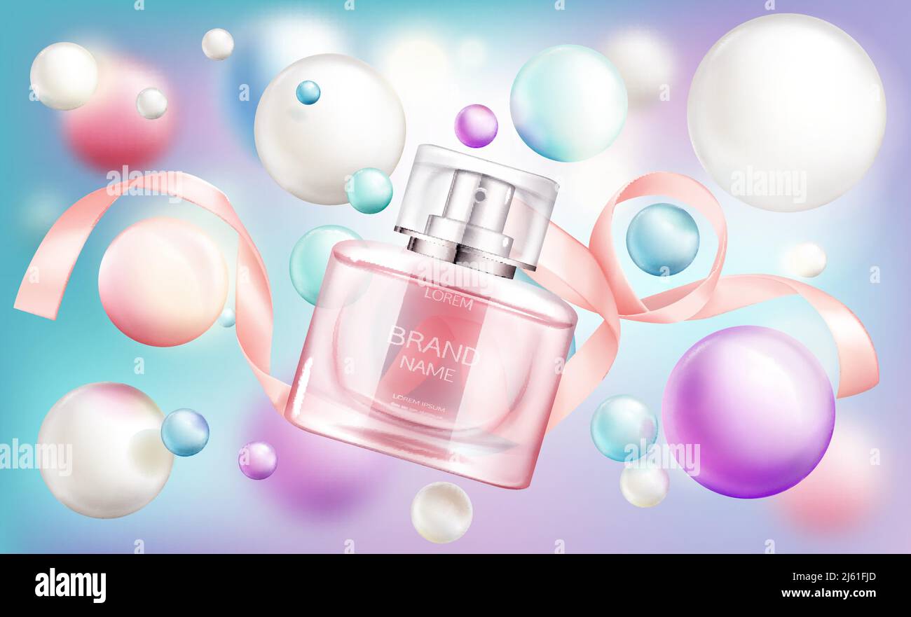 Perfume bottle. Glass sprayer flask with pink liquid and silk ribbon on